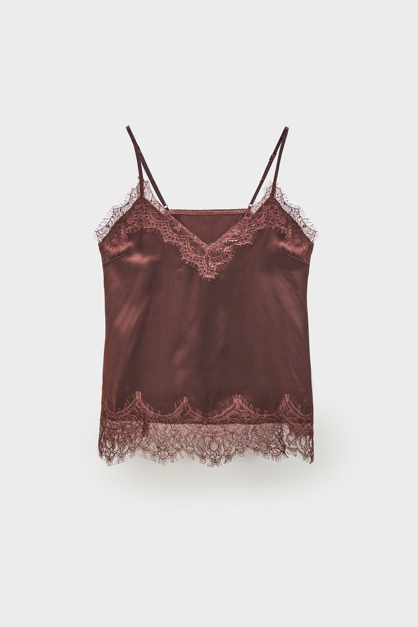 1683/B6 Brown silk strappy top with lace