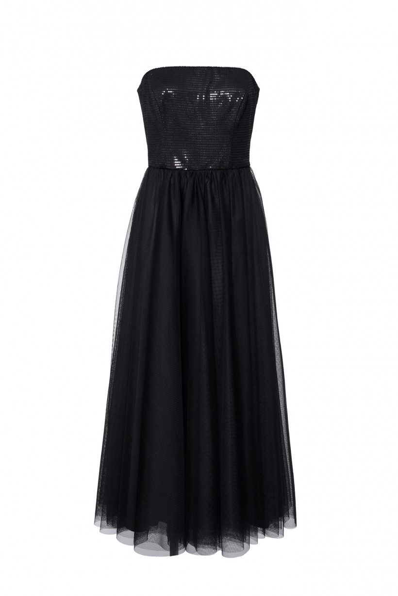 Rozkloszowana suknia z cekinowym gorsetem w kolorze czarnym
