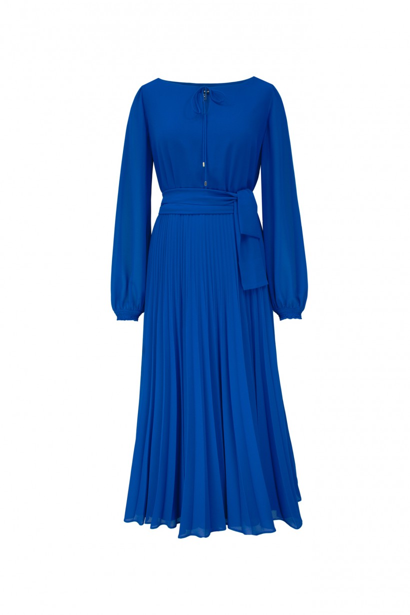 Plisowana sukienka maxi z szarfą w kolorze niebieskim