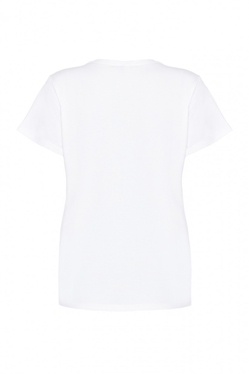 Biały T-shirt z napisem w kolorze nude