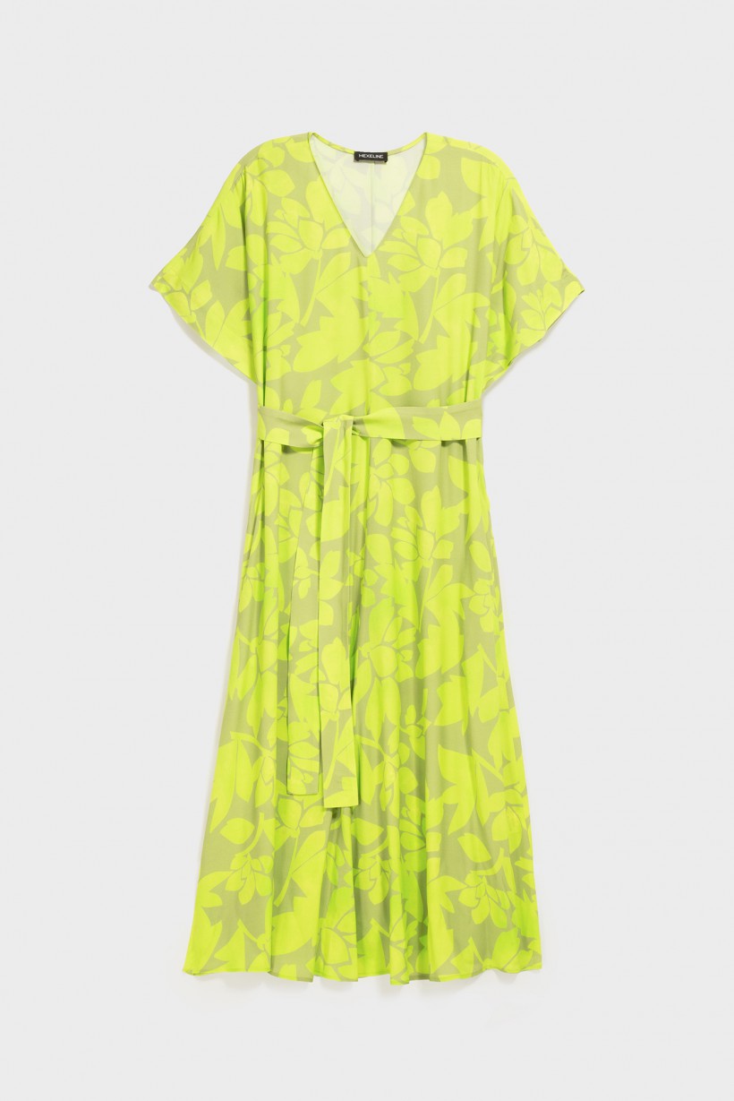 Sukienka z szarfą w limonkowe kwiaty 