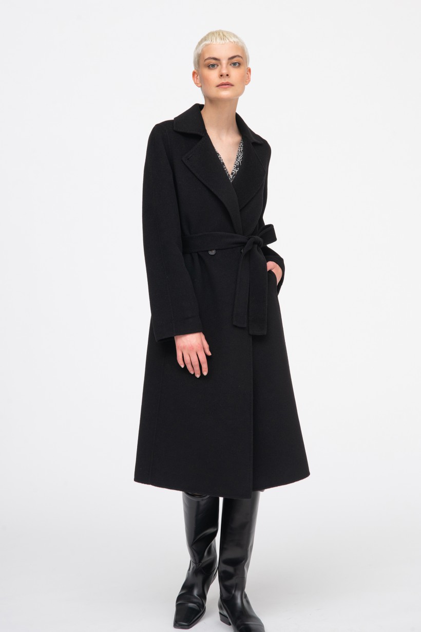 Długi czarny płaszcz z paskiem typu double-face