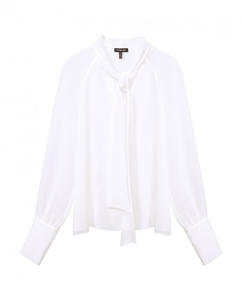 Elegancka biała bluzka z wiązaniem przy dekolcie