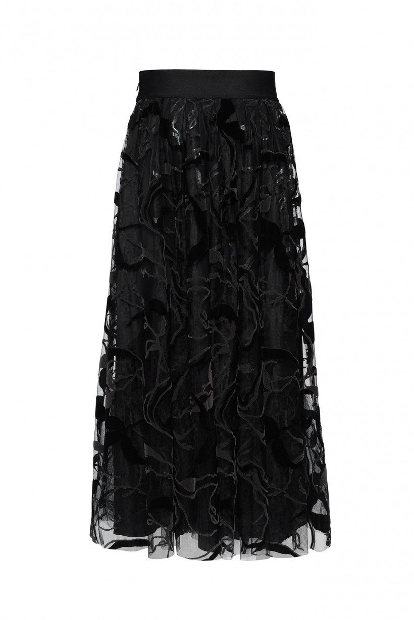Maxi spódnica z tiulu w kwiatowy wzór w odcieniach czerni