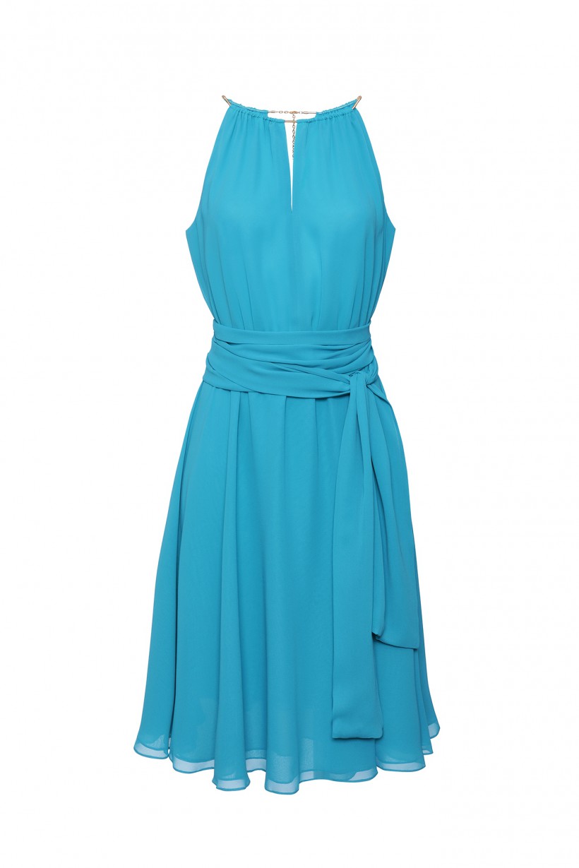 Sukienka midi ze zdobionym dekoltem w kolorze niebieskim