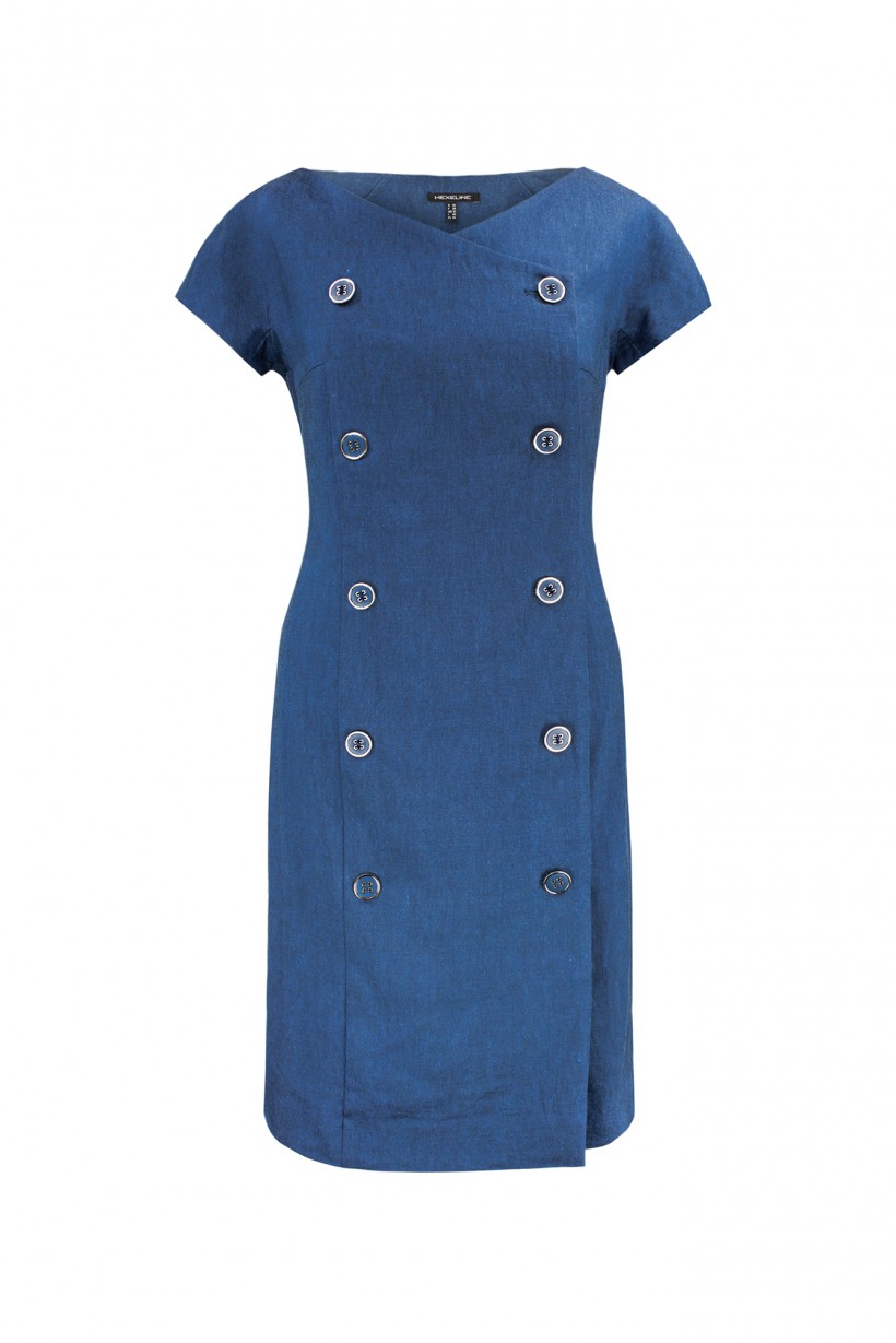 Dopasowana sukienka w niebieskim kolorze z dwurzędowym zapięciem