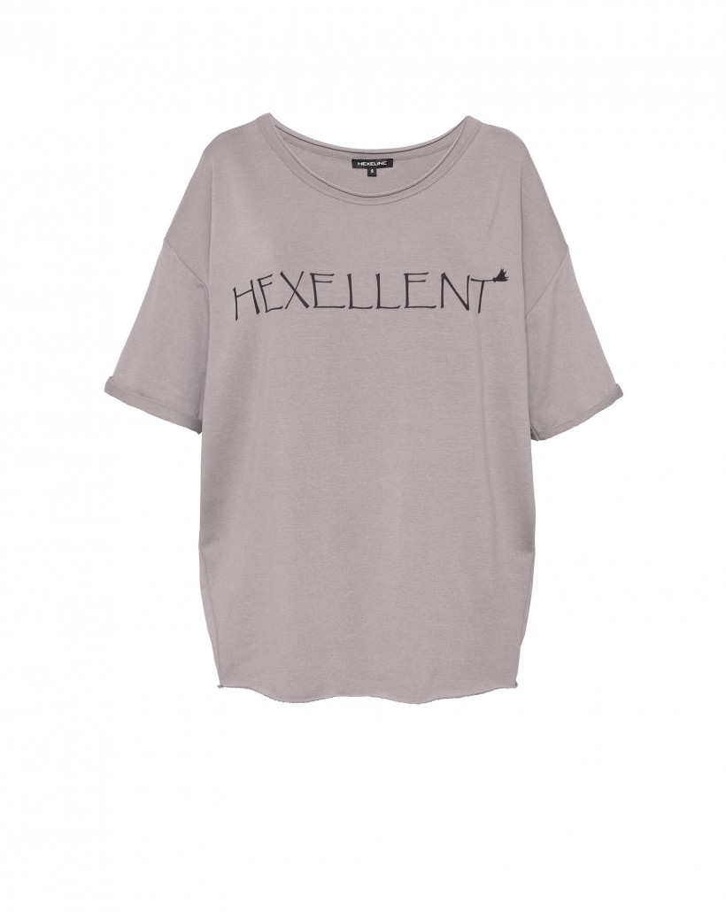 T-shirt oversize z nadrukiem HEXELLENT w kolorze szarobeżowym