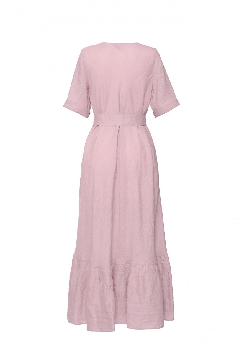 Długa lniana sukienka z paskiem w kolorze brudnego różu