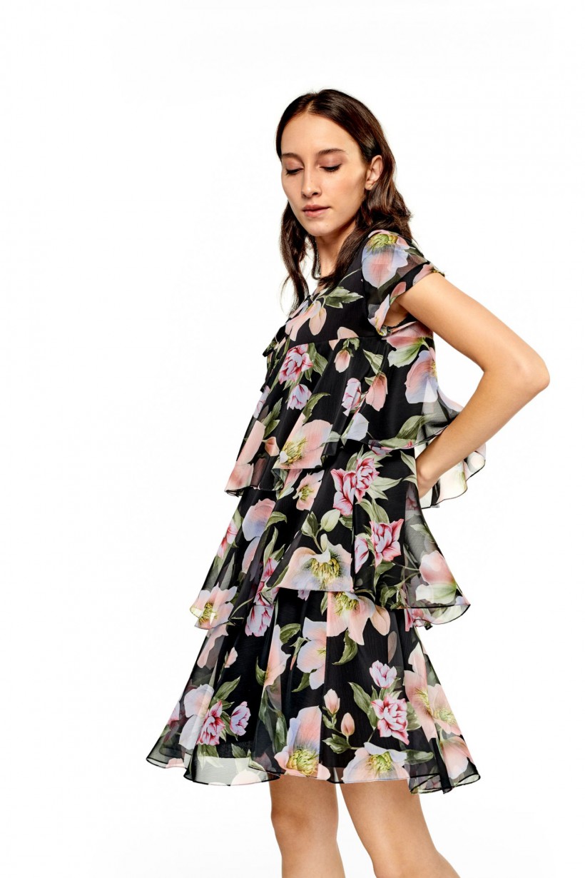 Sukienka szyfonowa z falban z kwiatowym printem