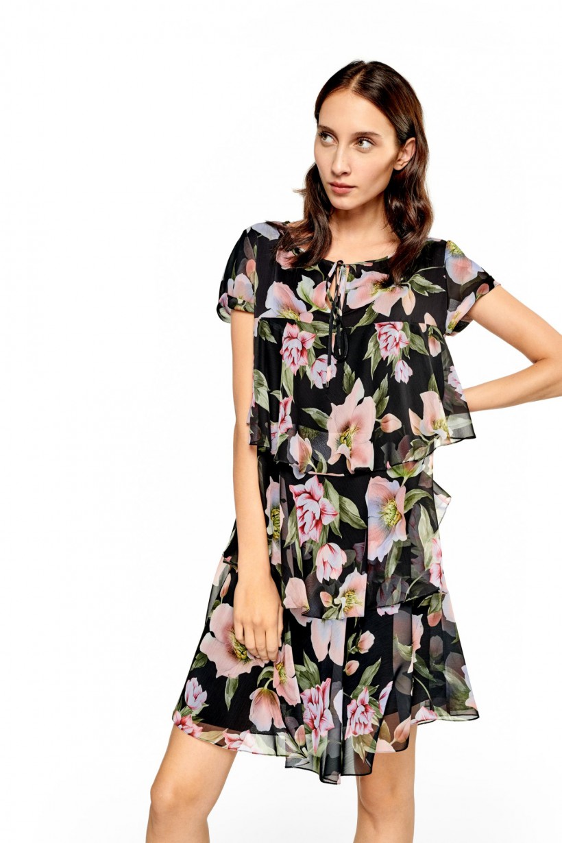 Sukienka szyfonowa z falban z kwiatowym printem