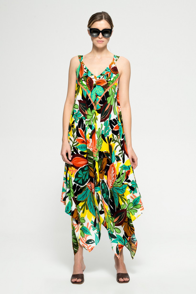 Letnia sukienka maxi w kolorowe liście