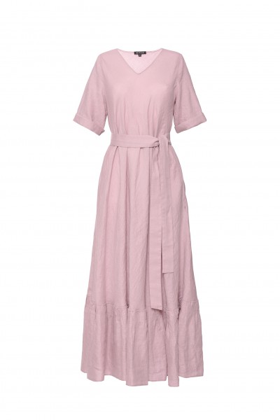 Długa lniana sukienka z paskiem w kolorze brudnego różu